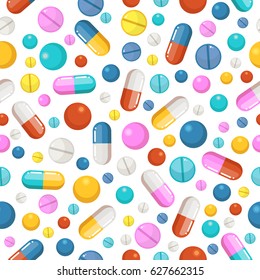 Vector seamless pattern of pills and other pharmaceutical ellements. Pattern with drug pharmaceutical, illustration of pattern pharmacy medicine