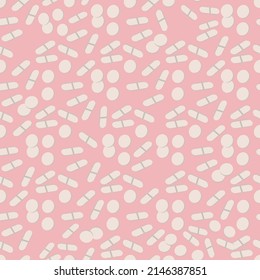 Vector seamless pattern with pills, pink background, texture, health, self-care, therapy, white medicine