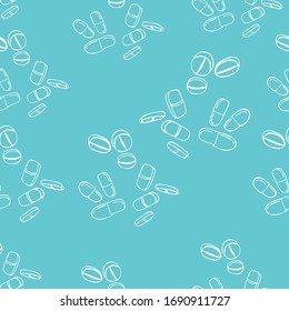 Vector seamless pattern with pills tablets in line style. The medicine. Background from pills and capsules. Vector illustration