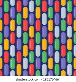 Vector seamless pattern with pills, tablets of different colors, isolated on dark blue background. Medical preparations. Flat design. Color illustration.