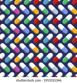 Vector seamless pattern with pills, tablets of different colors, isolated on dark blue background. Medical preparations. Flat design. Color illustration.