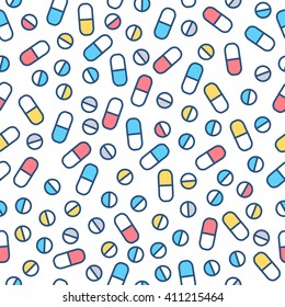 
Vector seamless pattern with Pills tablets in line style.