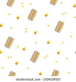 Vector seamless pattern with pills for the treatment of colds or flu. Endless print with different pills and blisters. Endless pattern for decorating medical topics, pharmacies, articles about medical