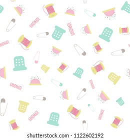 Vector seamless pattern with pin, thimble and needle bar. Print for paper.  Modern graphic design for package, fabric, presentation, card. Cute creative print. Craft vector seamless background.
