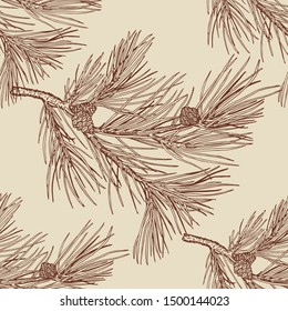 Vector seamless pattern with pine branches. Hand drawn illustration in sketch style. Great for product packaging, greeting card, poster, print, gift wrapping. Vintage graphic.