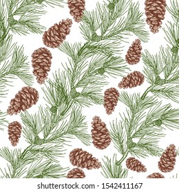 Vector seamless pattern with pine branches and pine cones. Hand drawn illustration in sketch style. Great for product packaging, greeting card, poster, print, gift wrapping. Vintage graphic.