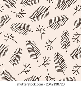 Vector seamless pattern with pine branches on pastel background. Modern minimal illustration.