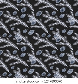 Vector seamless pattern with pine tree branches and cones. Winter theme illustration.