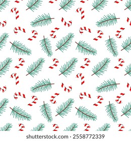 Vector seamless pattern with pine tree branches and candy cane. Perfect for Holiday and Birthday wrapping paper and textile