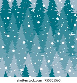 Vector seamless pattern with pine tree and snow. Christmas and New year decoration. Winter background. Pattern for backdrop, textile, wrapping paper. Vector illustration.