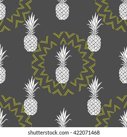 Vector seamless pattern with pineapple. Background in yellow and grey colors.
