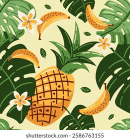 Vector seamless pattern with pineapple and bananas. Tropical summer pattern, vector digital paper.