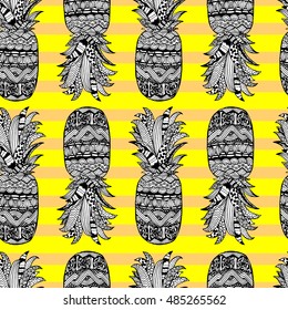 Vector seamless pattern with pineapple. Black white yellow and orange graphic design. Abstract endless background on summer theme. Doodle sketch. Vector illustration.