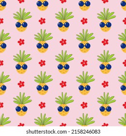 Vector seamless pattern with pineapple and flower. Summer colorful background with funny ananas with sunglasses. Flat. Design for fabric,cover,wallpaper,wrapping paper.