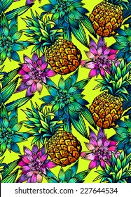 vector seamless pattern with pineapple, palm, cactus leaves. contour drawing.