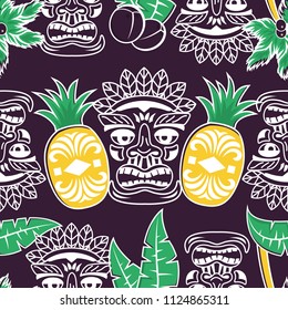 Vector seamless pattern with pineapple, tiki, coconuts