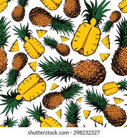 Vector seamless pattern of Pineapple whole, half and chunk. Handmade ink sketch on white background. Editable vector.