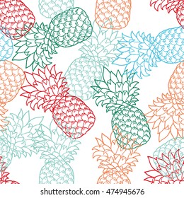Vector Seamless Pattern with Pineapples color, contour. Pineapple on white background. 
