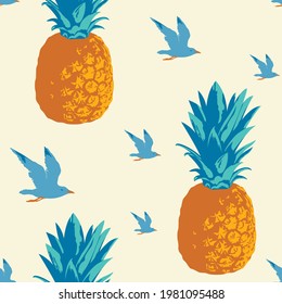 Vector seamless pattern with pineapples and flying seagulls on a light backdrop. Decorative repeating background in retro style, suitable for wallpaper, wrapping paper, fabric, textile, summer design