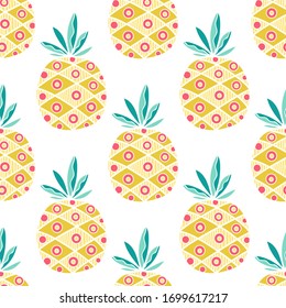 Vector seamless pattern with pineapples. Hand drawn fruits on white background. Illustration io flat style.