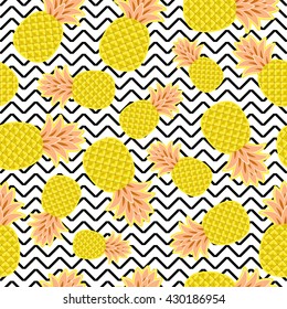 Vector Seamless Pattern with Pineapples on Chevron Background