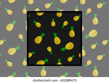 Vector Seamless Pattern with Pineapples on black background with example how to use in design and decor