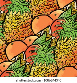 vector seamless pattern of pineapples and oranges. Hand-drawn and colored illustration