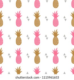 Vector seamless pattern with pineapples and triangles. Cute summer fruit background.