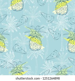 Vector Seamless Pattern with Pineapples and water melon