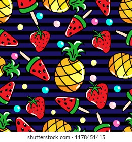 Vector seamless pattern with pineapples, watermelons and srawberries on a striped background