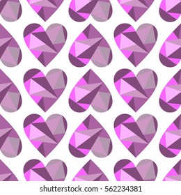 Vector seamless pattern with pink abstract hearts on the white background. Polygonal design. Geometric triangular origami style, graphic illustration. Series of Love Seamless Patterns