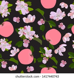 Vector seamless pattern with pink apples and apple tree blossom. Spring floral texture, background, wallpaper.