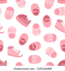 Vector seamless pattern of pink baby shoes. Kids shoes seamless pattern. 