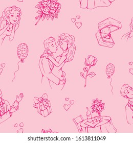 Vector. Seamless pattern. Pink background.
Happy Valentine's Day concept.
Hand drawn elements about love.