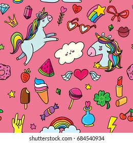Vector seamless pattern pink background with animals, characters and things. Hand-drawn stickers, pins in cartoon 80s-90s comics style doodle with unicorns, rainbows, stars, gems, lollipops, hearts