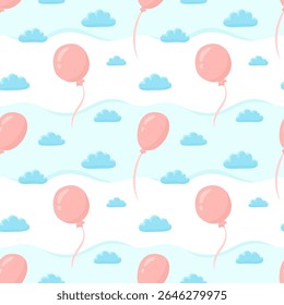 Vector seamless pattern with pink balloons floating among blue clouds on a light background