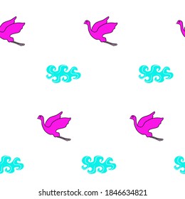 Vector seamless pattern with pink bird flamingo background. Art continuous illustration. Hand drawn abstract art modern
