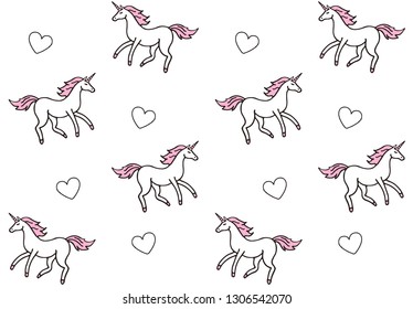 Vector seamless pattern of pink and black hand drawn doodle sketch unicorn with hearts isolated on white background 