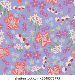  Vector Seamless Pattern with Pink and Blue Ditsy Flowers