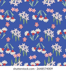  Vector Seamless Pattern with Pink and Blue Ditsy Flowers