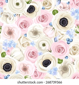 Vector seamless pattern with pink, blue and white roses, lisianthuses, anemones, ranunculus and hydrangea flowers.