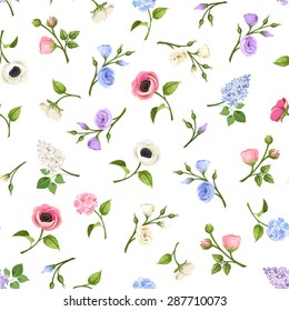 Vector seamless pattern with pink, blue, purple and white lisianthuses, anemones, lilac and hydrangea flowers on a white background.