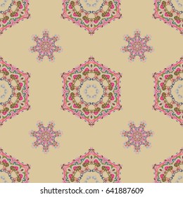 Vector seamless pattern of pink, blue and green ornament. Oriental,ornament. Templates for carpets, textiles, wallpaper and any surface.