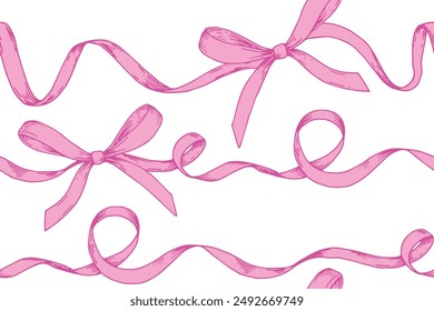 Vector seamless pattern with pink bows and silk ribbons. symbol of the fight against breast cancer, femininity