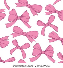 Vector seamless pattern with pink bows and silk ribbons. symbol of the fight against breast cancer, femininity