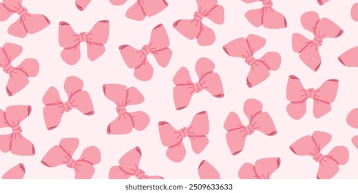 Vector seamless pattern with pink bows. Delicate image for wallpaper, and packaging on a pink background. Ballet style. Flirty girly drawing.