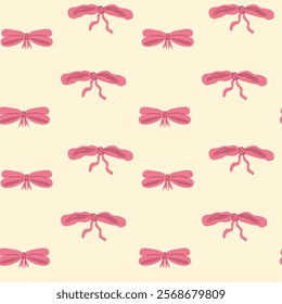 Vector seamless pattern of pink bows on beige background. Hand drawn vector illustration.