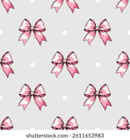 Vector seamless pattern with pink bows and white polka dots on light gray background.