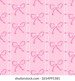 Vector seamless pattern with pink bows, ribbons, and hearts in a delicate pastel palette. Ideal for wrapping paper, children clothing, and feminine textile design
