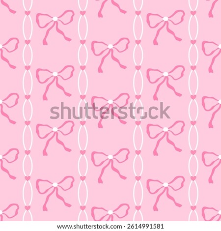 Vector seamless pattern with pink bows, ribbons, and hearts in a delicate pastel palette. Ideal for wrapping paper, children clothing, and feminine textile design